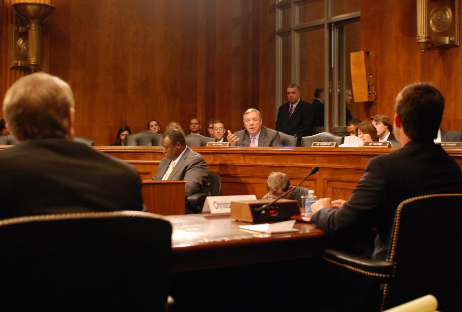 Durbin questions a witness during a Senate Judiciary Committee hearing on the BP oil spill in the gulf.